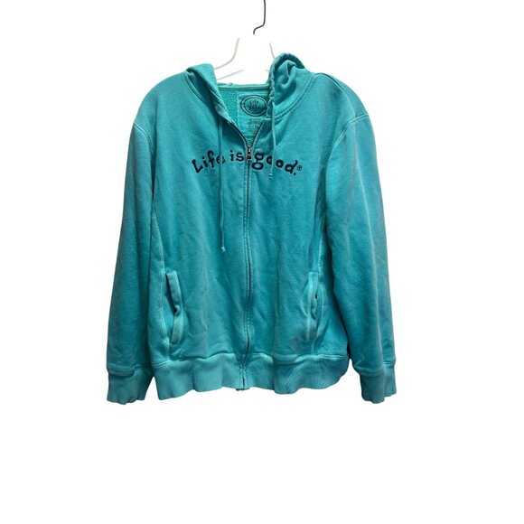 Life Is Good Womens Full Zip Hoodie Jacket Turquoise Size L 100% Cotton With Fle - Picture 1 of 9